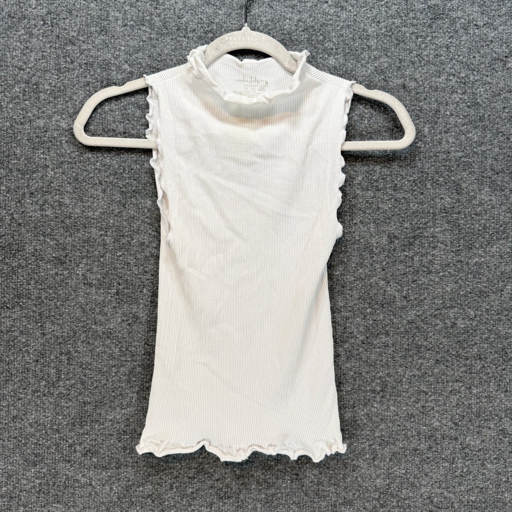 Free People Tank Top Womens Medium White Lettuce Hem Ribbed Mock Neck Sleeveless